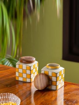 ExclusiveLane - Shatranj Checkered Storage Jars & Containers (Airtight, Set of 2, 240 ML, 4 Inch)
