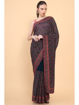 Soch - Women Blue Georgette Floral Saree with Unstitched Blouse