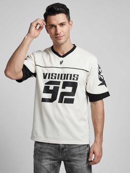 R&B - White Graphic Print Men V-Neck Relaxed Fit Half Sleeves T-Shirt
