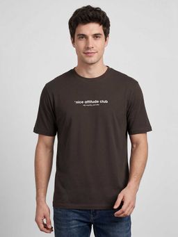 R&B - Coffee Brown Typography Men Round Neck Relaxed Fit Half Sleeves T-Shirt