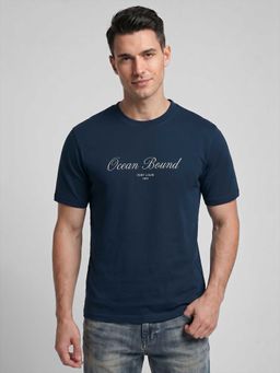 R&B - Blue Typography Men Round Neck Relaxed Fit Half Sleeves T-Shirt