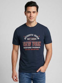 R&B - Navy Blue Typography Men Round Neck Regular Fit Half Sleeves T-Shirt