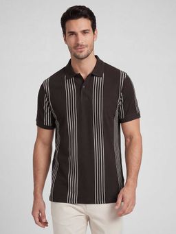 R&B - Brown Striped Men Collar Neck Regular Fit Half Sleeves Polo T-Shirt