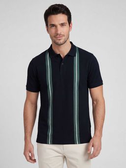 R&B - Navy Blue Striped Men Collar Neck Regular Fit Half Sleeves Polo T-Shirt