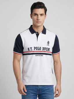 R&B - White Typography Men Collar Neck Regular Fit Half Sleeves Polo T-Shirt