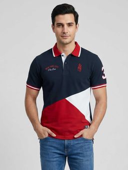 R&B - Navy Blue Colourblocked Men Collar Neck Regular Fit Half Sleeves Polo T-Shirt
