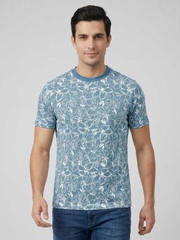 R&B - Blue Floral Print Men Round Neck Regular Fit Half Sleeves T-Shirt