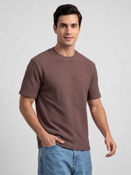 R&B - Brown Self Design Men Round Neck Regular Fit Half Sleeves T-Shirt