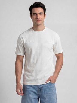 R&B - Off White Self Design Men Round Neck Regular Fit Half Sleeves T-Shirt