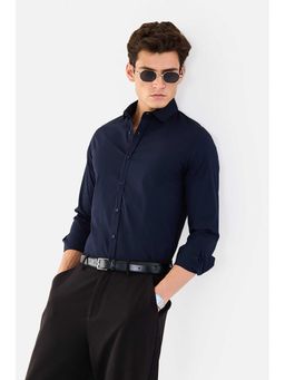 Snitch - Navy Blue Solid Full Sleeves Slim Semi Formal Shirt for Men