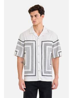 Snitch - Off-White Geometric Half Sleeves Oversized Party Shirt for Men