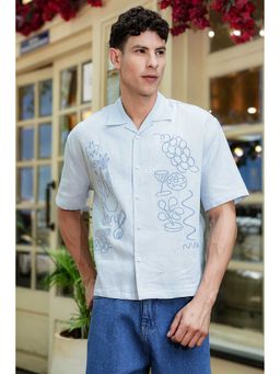 Eszett - Art Of Greece Embroidery Textured Fabric Blue Shirt