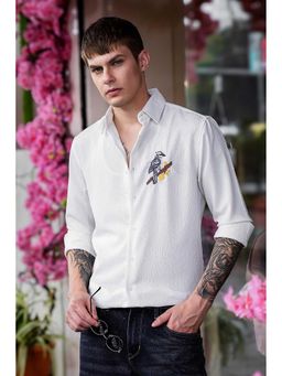 Eszett - Cross Stitch Bird Embroidery White Textured Fabric Shirt