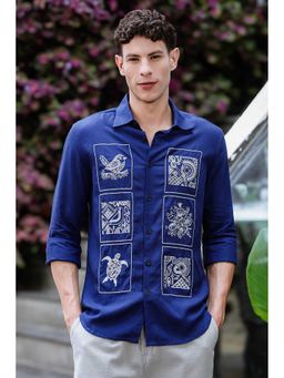 Eszett - Embroidery Structure Blue Linen Shirt