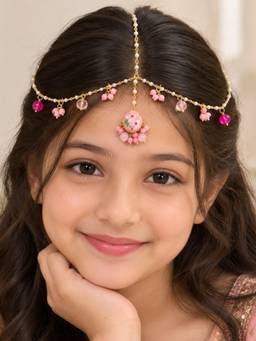 Kamule - Navratri Kundan Pearl Beaded Necklace Set - Pink (7-12 Years)