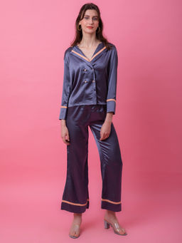 EZME STUDIO - Grey Satin Tux Shirt and Pyjama (Set of 2)