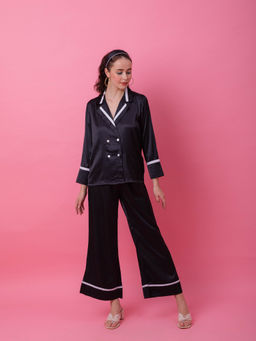EZME STUDIO - Black Satin Tux Shirt and Pyjama (Set of 2)