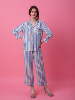 EZME STUDIO - Blue Stripes Shirt and Pyjama (Set of 2)