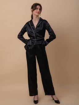 EZME STUDIO - Coco Jet Black Satin Robe and Pyjama with Belt (Set of 3)