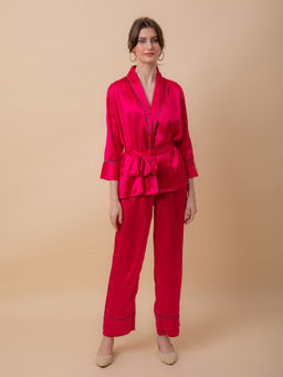 EZME STUDIO - Luxe Satin Red Robe and Pyjama with Belt (Set of 3)
