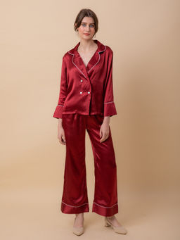 EZME STUDIO - Luxe Satin Maroon Tux Shirt and Pyjama (Set of 2)