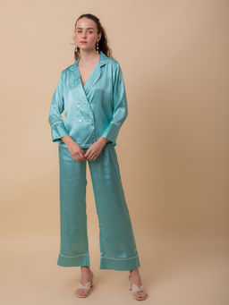 EZME STUDIO - Luxe Satin Green Tux Shirt and Pyjama (Set of 2)