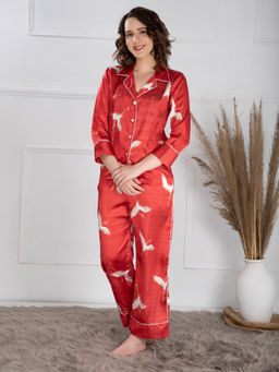 EZME STUDIO - Red Nightingale Print Shirt and Pyjama (Set of 2)