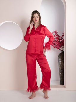 EZME STUDIO - Red Berry Ostrich Feather Shirt and Pyjama (Set of 2)