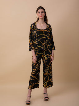 EZME STUDIO - Black Chain Print Camisole Kaftan with Pyjama (Set of 3)