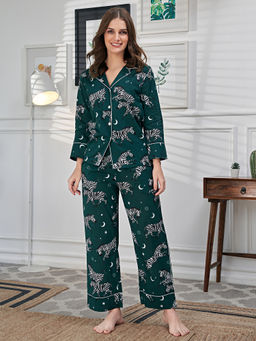 EZME STUDIO - Cotton Green Zebra Print Shirt and Pyjama (Set of 2)