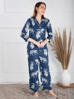 EZME STUDIO - Cotton Sierra Navy Blue Tiger Print Shirt and Pyjama (Set of 2)