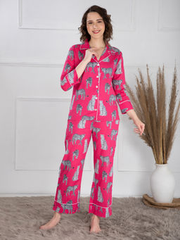 EZME STUDIO - Cotton Hot Pink Leopard Print Shirt and Pyjama (Set of 2)