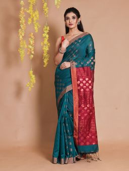 CHARUKRITI - Teal Cotton Zari Motifs & Striped Pallu Handwoven Saree with Unstitched Blouse