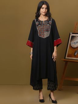Spring Soul - Black Cotton Modal Ajrakh Yoke Detailing Kurta