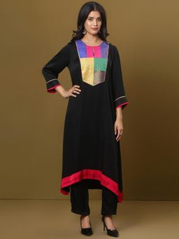Spring Soul - Black Cotton Modal Brocade Yoke Detailing Kurta