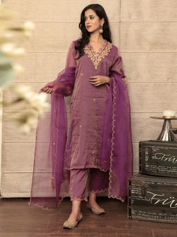 Spring Soul - Embroidered Purple Metallic Chanderi Kurta with Pant and Dupatta (Set of 3)