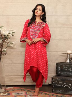 Spring Soul - Red Embroidered Bandhani Kurta and Pant (Set of 2)