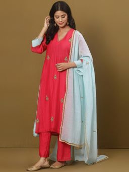 Spring Soul - Fuchsia Pink Chanderi A-Line Kurta and Pant with Dupatta (Set of 3)
