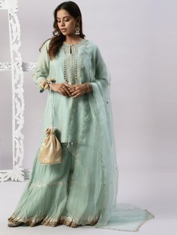 Spring Soul - Metallic Chanderi Aqua Sharara with Kurta and Dupatta (Set of 3)