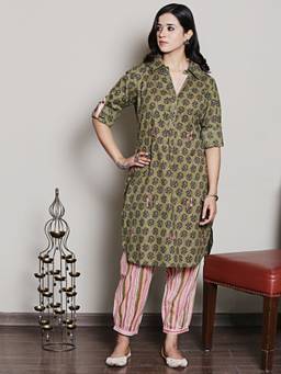 Spring Soul - Block Printed Olive Green Embroidery Kurta and Harem Pant (Set of 2)