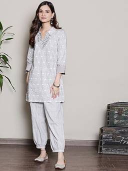 Spring Soul - Grey Block Printed with Neck Embroidery Kurta and Harem Pant (Set of 2)