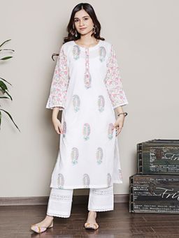 Spring Soul - Mix-N-Match White-Pink Mughal Print Kurta with Pant (Set of 2)