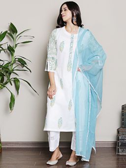 Spring Soul - Mix-N-Match White-Blue Mughal Print Kurta and Pant with Dupatta (Set of 3)