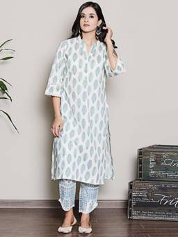 Spring Soul - Block Printed White V Neck Kurta with Lace Detailing Pant (Set of 2)