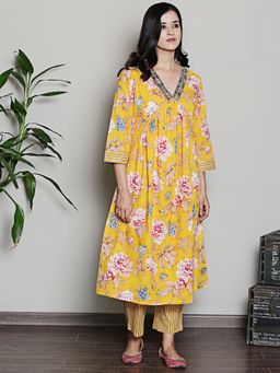 Spring Soul - Floral Printed Yellow A Line Kurta with Pant (Set of 2)