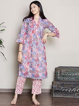 Spring Soul - Printed Blue A-Line Kurta with Pant (Set of 2)
