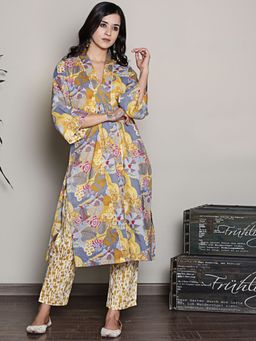 Spring Soul - Printed Yellow A-Line Kurta with Pant (Set of 2)
