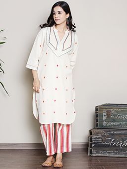 Spring Soul - Printed Off-White Embroidered Kurta with Pant (Set of 2)