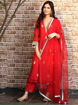 Spring Soul - Red Chanderi A-Line Kurta and Pant with Dupatta (Set of 3)