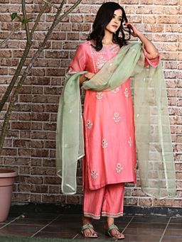 Spring Soul - Coral Embroidered Kurta and Pant with Dupatta (Set of 3)
